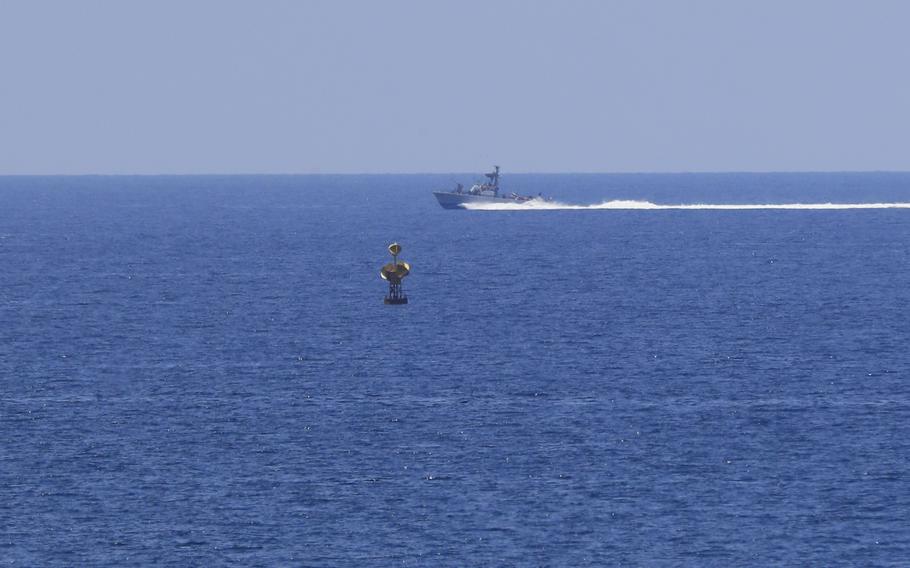 An Israeli navy vessel patrols in the Mediterranean Sea, while Lebanon and Israel are being called to resume indirect talks over their disputed maritime border with U.S. mediation, off the southern town of Naqoura, Monday, June 6, 2022.