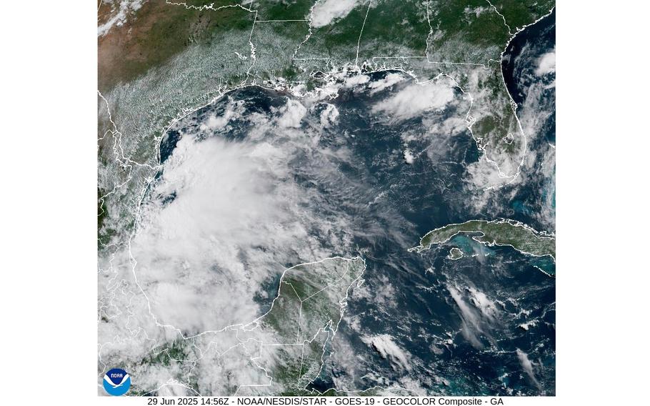 A satellite image shows clouds from the storm.