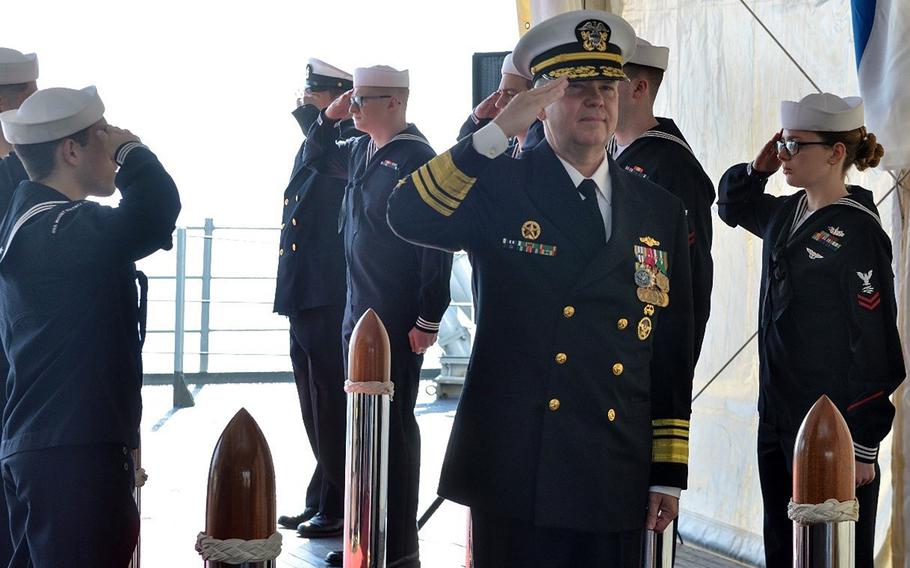 Vice Adm. Thomas Ishee, U.S. 6th Fleet commander, takes part in a change of command ceremony April 11, 2023, aboard the USS Mount Whitney, the 6th Fleet flagship. Capt. Daniel Prochazka was relieved by Capt. Matthew Kiser as the commanding officer of the ship.