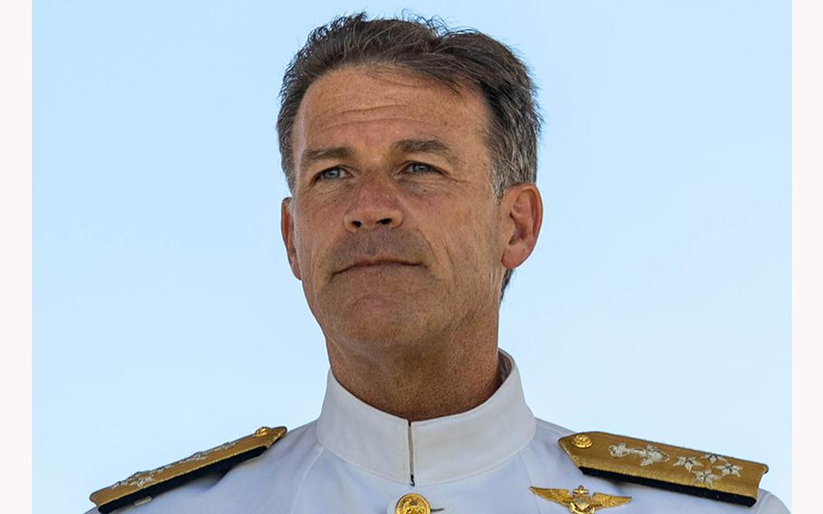 Adm. John Aquilino, commander, U.S. Indo-Pacific Command, stands at attention during a ceremony at Camp H.M. Smith, Hawaii, on July 12, 2023.