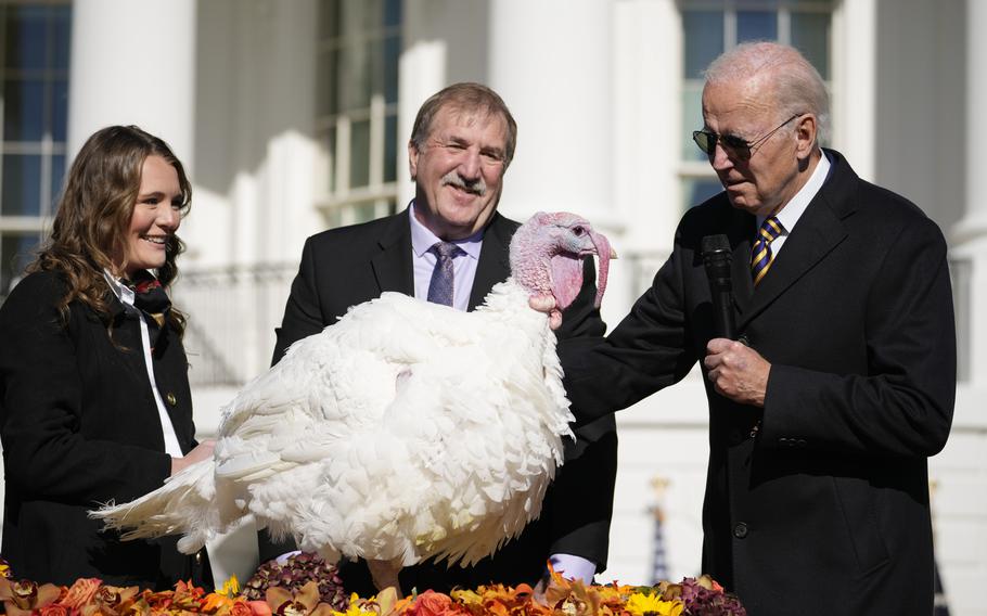 President Joe Biden pardons Chocolate, the national Thanksgiving turkey, at the White House in Washington, Monday, Nov. 21, 2022. 
