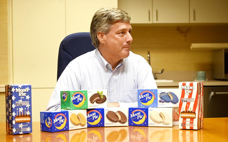 Vice President of Sales and Marketing at Chattanooga Bakery Tory Johnston speaks during an interview. Chattanooga Bakery, known for MoonPies, plans to expand their Patriotic Pies initiative as of Wednesday, June 25, 2025, allowing customers to donate MoonPies to active duty military members. 