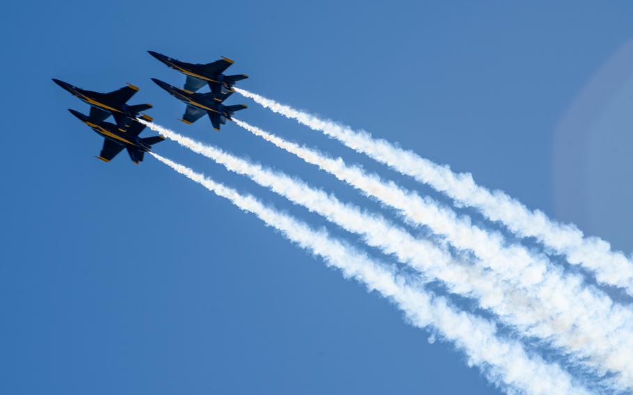 U.S. Navy F/A-18 Super Hornet aircraft assigned the Blue Angels practice their aerial flight maneuvers over Travis Air Force Base, Calif., March 14, 2024. 