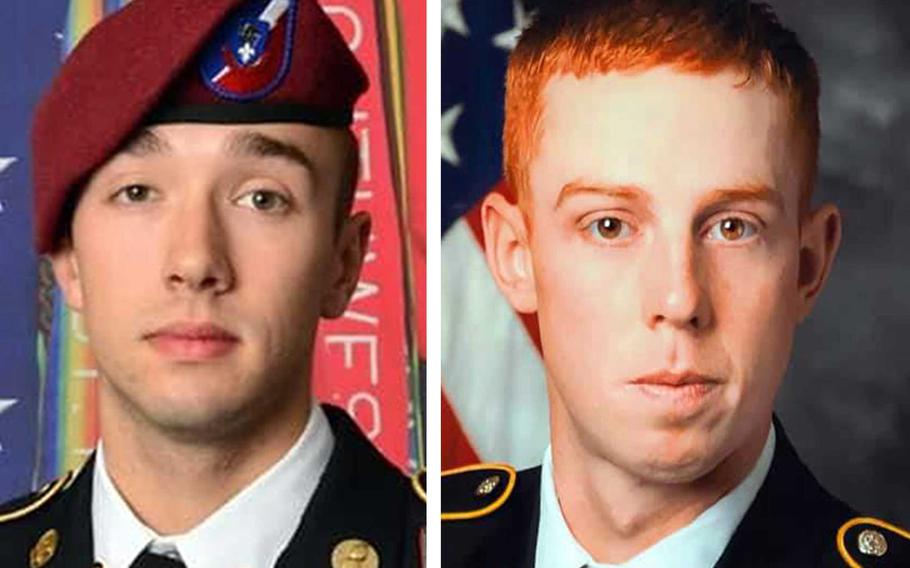 Spc. Isaiah Nicholas Oneal, 22, left, was discovered dead in Fairbanks on Friday. The body of Sgt. Miles Jordan Tarron, 30, right, was found in Anchorage on Sunday.