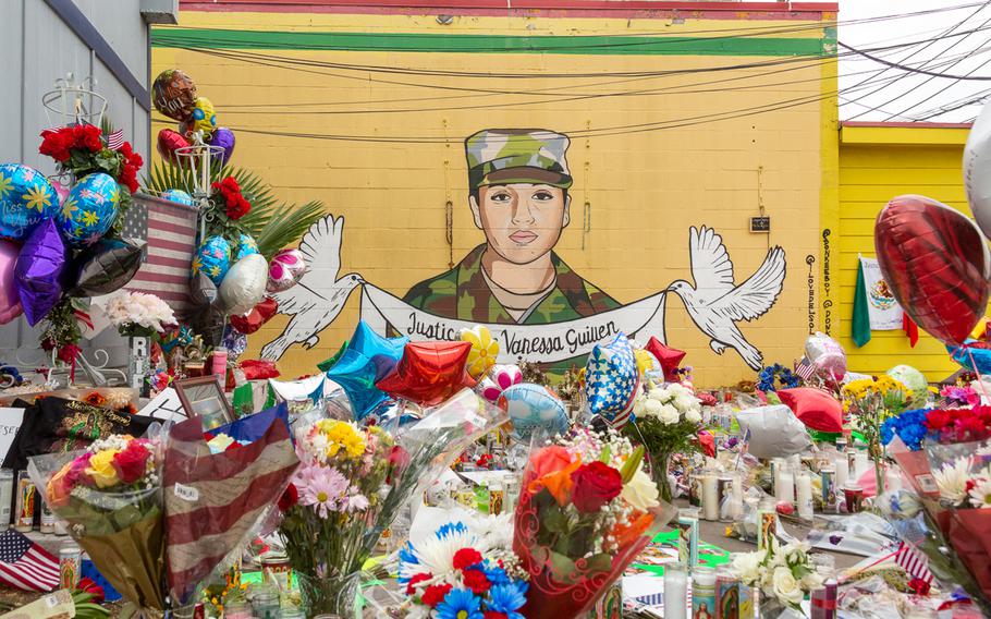 A mural and growing memorial honoring Spc. Vanessa Guillén at Houston’s Taqueria del Sol in July 2020.