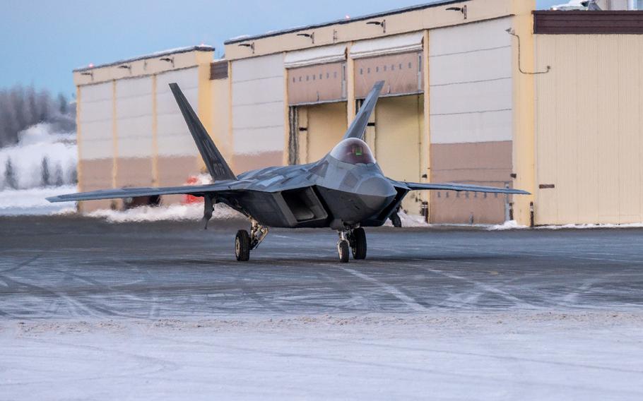 An F-22 Raptor assigned to the 477th Fighter Group at Joint Base Elmendorf-Richardson in Alaska prepares for takeoff on Jan. 7, 2023.