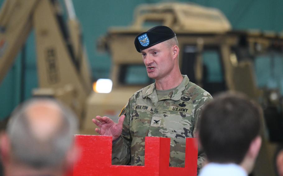 Col. Kyle Moulton, commander of the 7th Engineering Brigade, addresses the crowd during a reactivation ceremony for the unit July 27, 2023, at Katterbach Kaserne in Ansbach, Germany.