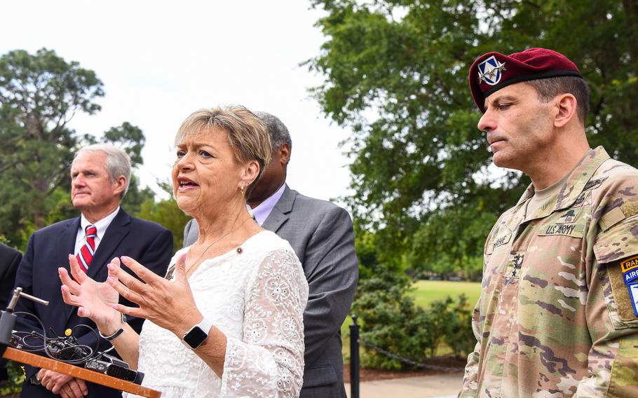 Patti Elliott, a Gold Star mother who came up with the name Fort Liberty, speaks with reporters Friday, June 2, 2023, after a ceremony to officially rename the former Fort Bragg. Elliott’s son, Spc. Daniel Lucas Elliott, was killed in action in Basra, Iraq in 2011. She said he “died for liberty.” 