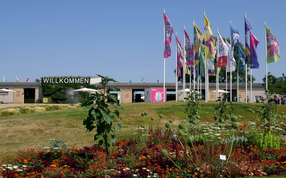 The entrance to the Bundesgartenschau, or BUGA, in Mannheim, Germany, was once a motor pool at the former U.S. Army Spinelli Barracks. Germany’s federal horticultural show runs until Oct. 8.