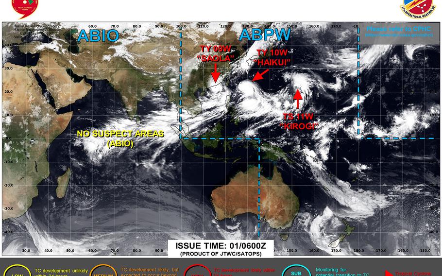 U.S. bases on Okinawa remained in Storm Watch through Friday afternoon. Typhoon Haikui still on course to pass 282 miles southwest of Okinawa early Saturday morning as a Category 2-equivalent typhoon.