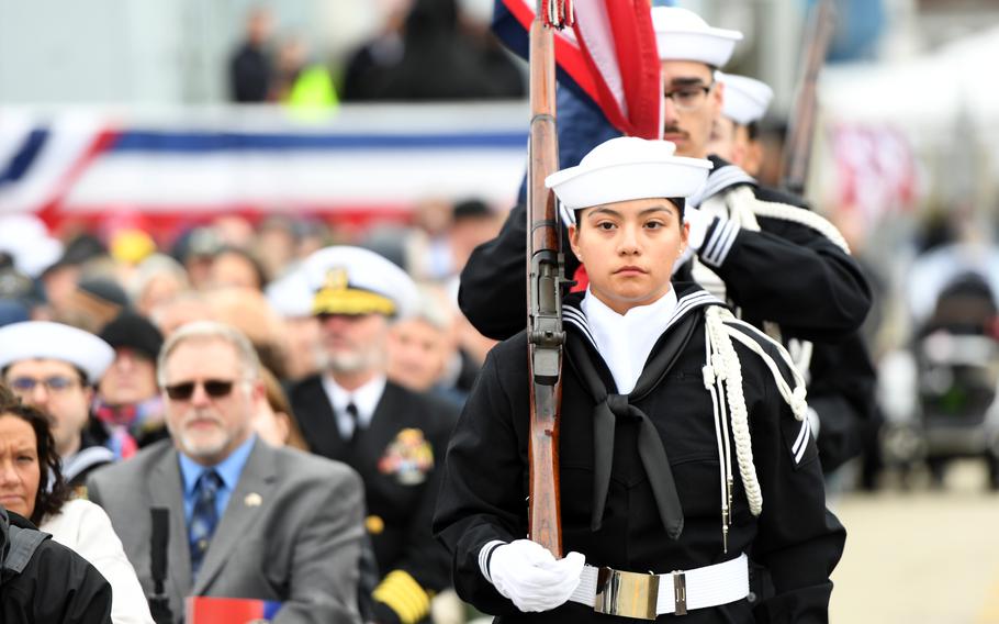 Honor guard sailors line up during a commissioning ceremony