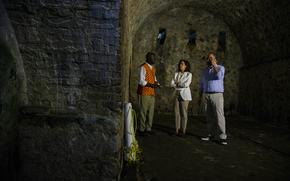 U.S. Vice President Kamala Harris and second gentleman Douglas Emhoff listen to a guide as they tour Cape Coast Castle in Ghana, Tuesday March 28, 2023. This castle in was one of around 40 "slave castles" that served as prisons and embarkation points for slaves en route to the Americas. Harris is on a seven-day African visit that will also take her to Tanzania and Zambia. (AP Photo/Misper Apawu, Pool)