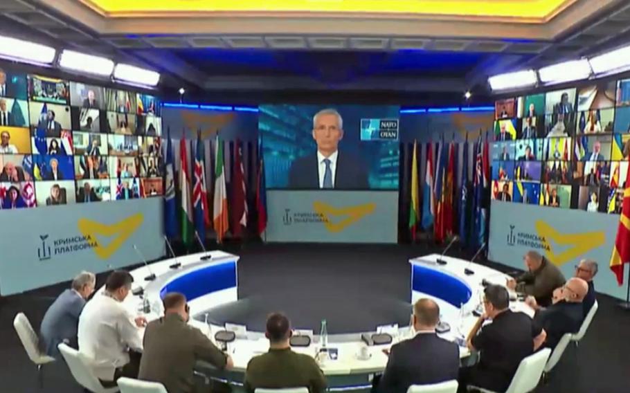 NATO Secretary-General Jens Stoltenberg speaks remotely during the Crimea Platform on Aug. 23, 2022. Stoltenberg called for allies to provide long-term support to Ukraine in its fight against Russia.