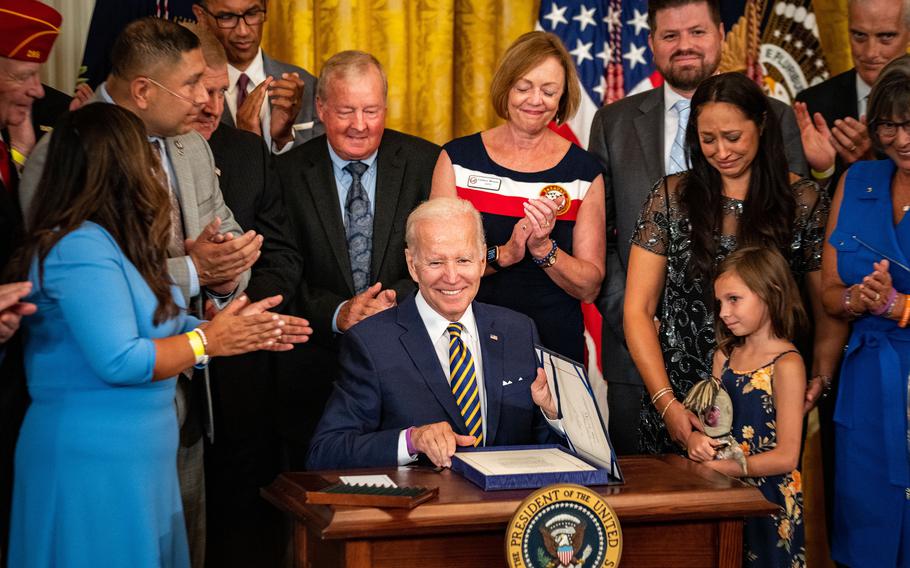 U.S. President Joe Biden delivers remarks and signs S. 3373, the Sergeant First Class Heath Robinson Honoring our Promises to Address Comprehensive Toxics (PACT) Act of 2022, into law during an event in the East Room of the White House on Wednesday, Aug. 10, 2022 in Washington, D.C.