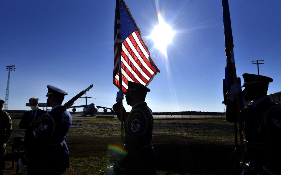 An honor guard arrives at Westover Air Reserve Base during a groundbreaking ceremony for a new Regional ISO Maintenance Hangar on the base. 