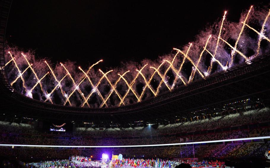 Fireworks rocket above National Stadium as the Tokyo Paralympics come to a close on Sunday, Sept. 5, 2021. 