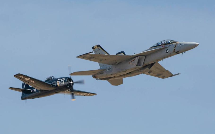 A F8F Bearcat and U.S. Navy F/A-18F Rhino perform at the California Capital Airshow on Sept. 24, 2023, at Mather Airport.