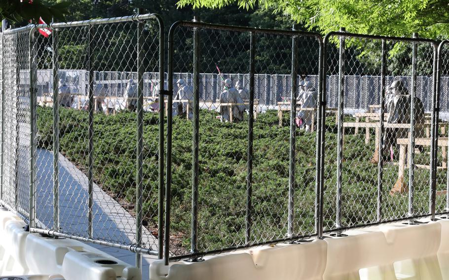 The Korean War Veterans Memorial in Washington is fenced off on May 31, 2021, as construction begins on a wall listing those killed in the 1950-1953 war,