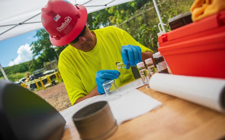 A Navy contractor monitors water samples at Red Hill well, Feb. 16, 2022, in support of water recovery efforts by Joint Base Pearl Harbor-Hickam in the wake of widespread jet fuel contamination from the nearby underground storage tank facility. The Navy and Hawaii’s state Department of Health are working to validate the detection of lead contamination at a school and a house at Joint Base Pearl Harbor-Hickam.