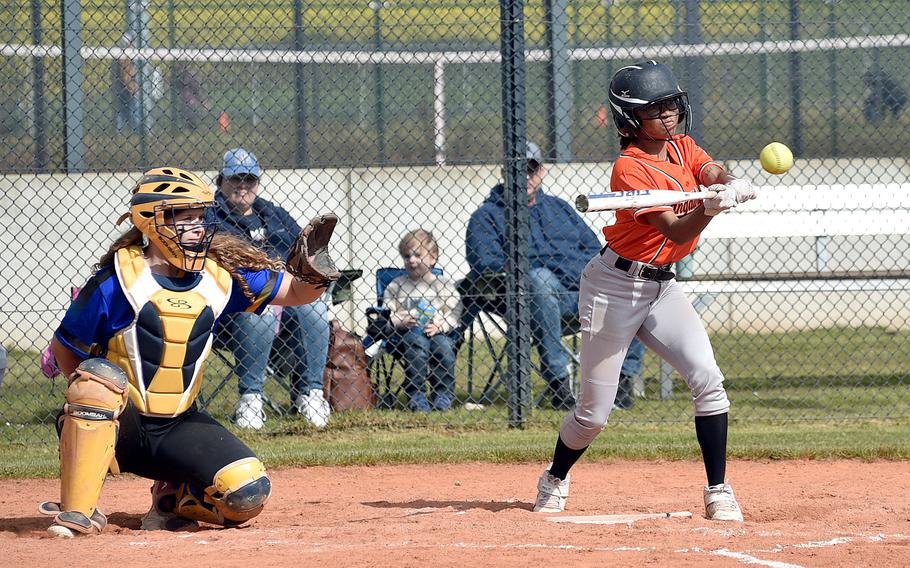 Sentinel batter Alajah Jiggetts swings at a pitch during an April 27, 2024, game against Sigonella at Spangdahlem High School in Spangdahlem, Germany.