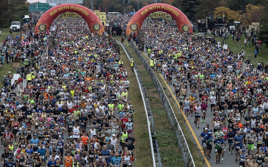 The start of the 48th Marine Corps Marathon on Sunday, Oct. 29, 2023, in Arlington, Va.