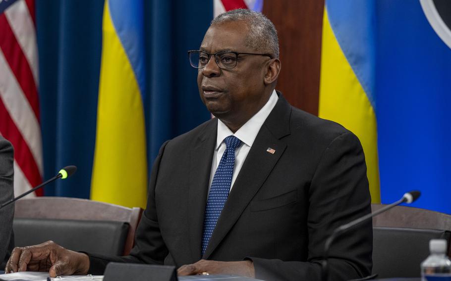 Defense Secretary Lloyd Austin speaks during a Ukrainian Defense Contact Group meeting at the Pentagon on Nov. 22, 2023.