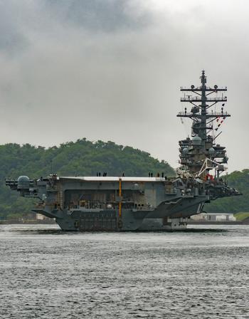The aircraft carrier USS Ronald Reagan heads out on patrol from Yokosuka Naval Base, Japan, Tuesday, May 23, 2023.