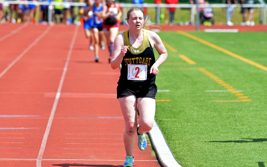 Stuttgart’s Ella Bishop outpaced the competition in the girls 3,200-meter event at the DODEA-Europe track and field championships in Kaiserslautern, Germany, winning in 12 minutes, 4.59 seconds.