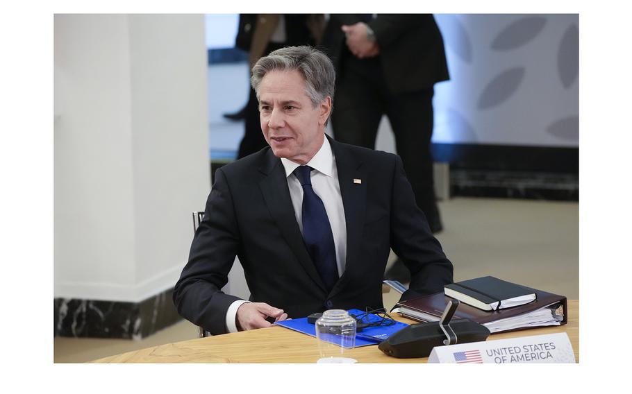 U.S. Secretary of State Antony Blinken attends a meeting on the sidelines of the G7 Foreign Ministers meeting on Capri Island, Italy, Friday, April 19, 2024. 