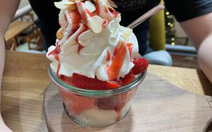 A strawberry ice cream sundae in a glass bowl.