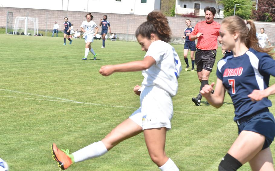 Sigonella's Charlize Caro gets off a shot against the Aviano Saints on Saturday, April 30, 2022, in Aviano, Italy.