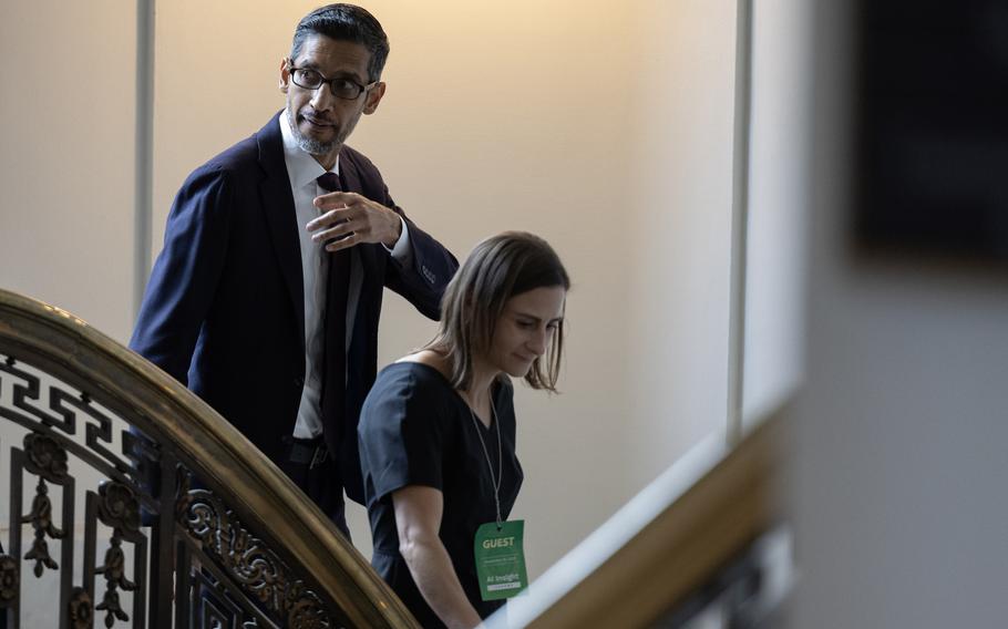 Google CEO Sundar Pichai departs from the U.S. Capitol following a closed-door meeting with fellow business leaders and congressional members, on Capitol Hill on Sept. 13, 2023.