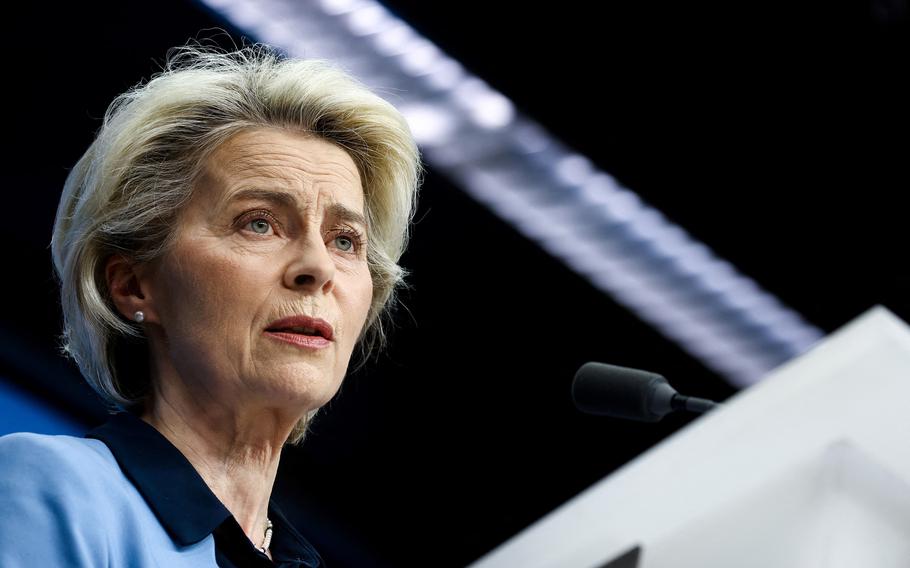 European Commission President Ursula von der Leyen speaks during a press conference after a virtual summit with China's President in Brussels on April 1, 2022. 