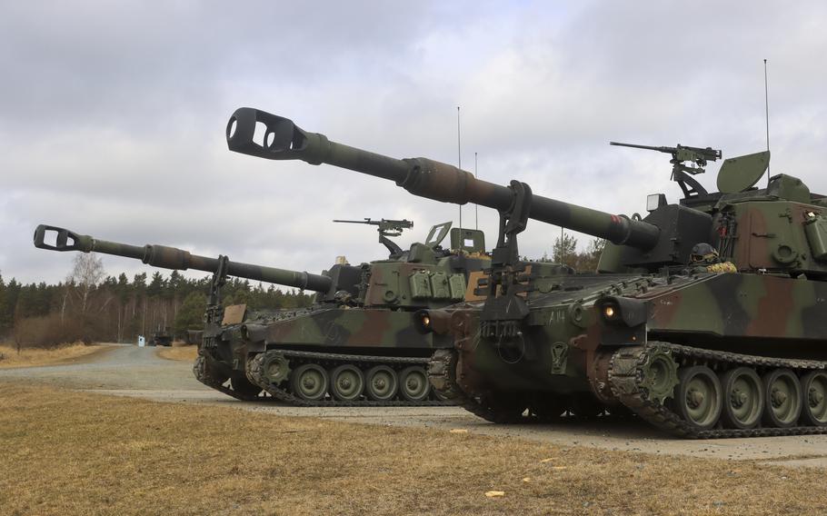 Soldiers from Battery A, 41st Field Artillery Regiment, 1st Armored Brigade Combat Team, 3rd Infantry Division, conduct live-fire exercises using the M109 Paladins at the Grafenwoehr Training Area on March 14, 2022. The first class of 635 Ukrainian fighters has finished a five-week advanced U.S. training course in Germany on sophisticated combat skills and armored vehicles, including M109 Paladins, that will be critical in the coming spring offensive against the Russians, the Pentagon said Friday, Feb. 17, 2023. 