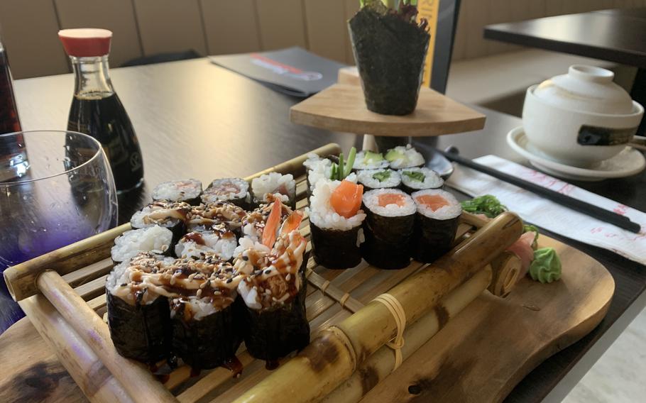 A low-end sushi combination platter at the Yunmi restaurant in downtown Kaiserslautern features a selection of maki rolls for about 12 euros.