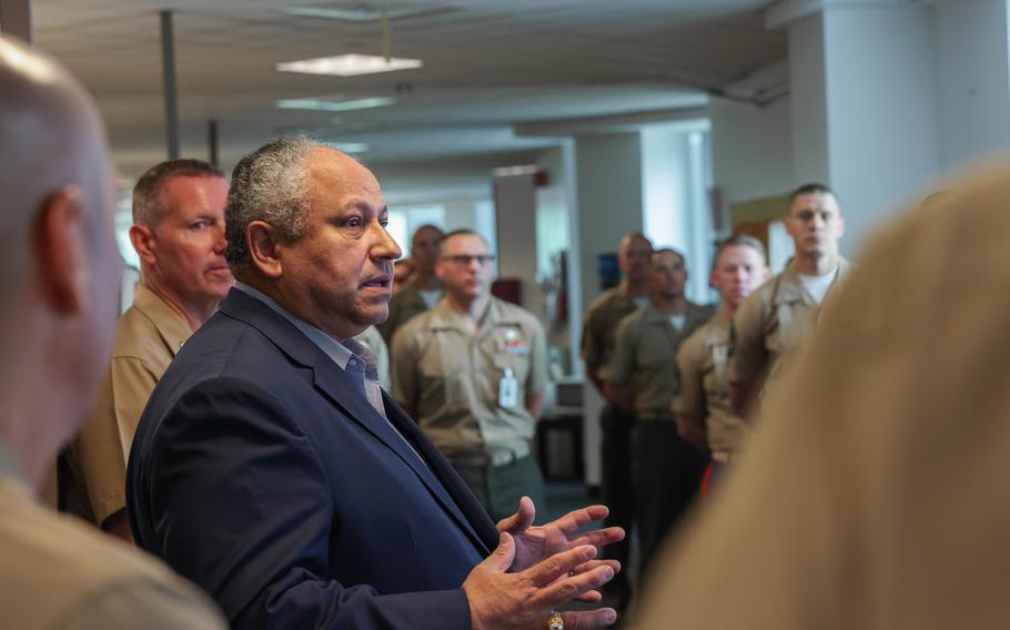 Secretary of the Navy Carlos Del Toro speaks at Marine Corps Base Quantico, Va., May 19, 2023. 