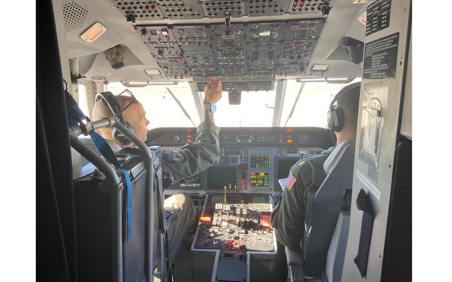 U.S. Coast Guard pilots Lt. Spencer Zwenger and Lt. Cmdr. Joshua Mitcheltree prepare their C-144 Ocean Sentry plane for a patrol over the Florida Straits on Jan. 14, 2023. 