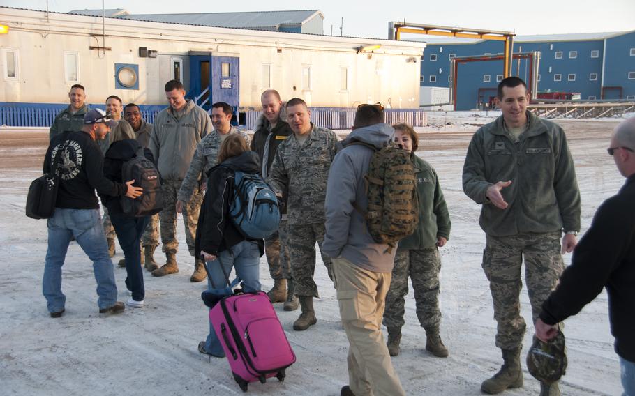 A contract flight arrives each Thursday morning, and the command staff goes out each time to welcome visitors and returning and new personnel.