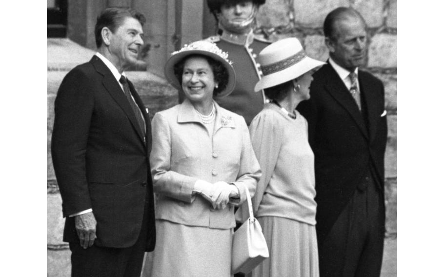 President Ronald Reagan, Queen Elizabeth II, first lady Nancy Reagan and Prince Philip pose for photographers at Windsor Castle in June 1982.