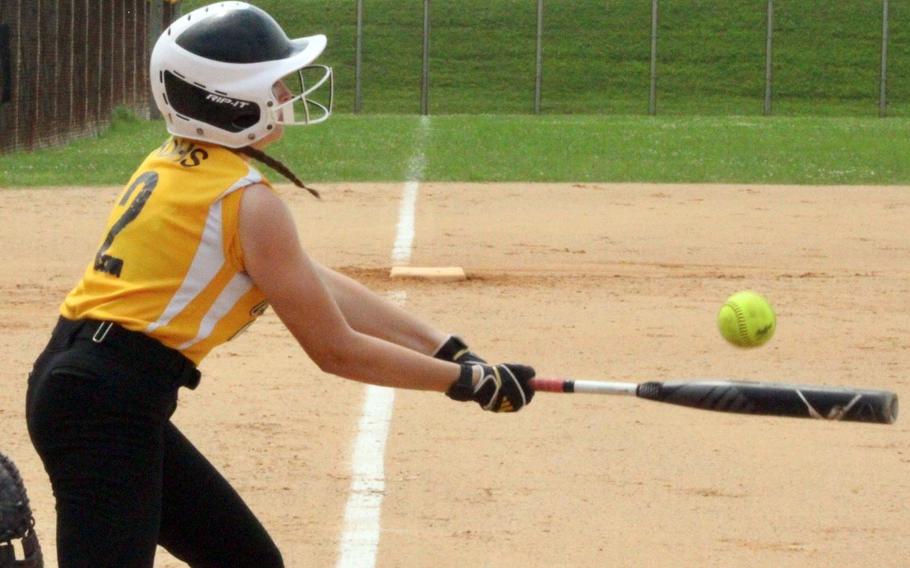 Kadena's Ava Sims connects during Tuesday's Division I softball tournament. The Panthers swept their four round-robin games to earn a semifinal berth against Humphreys.