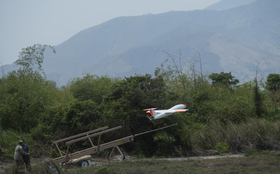 An Outlaw G2 unmanned aerial vehicle is launched into the air to serve as a target during exercise Balikatan live fire event at Naval Station Leovigildo Gantioqui, San Antonio, Philippines, on April 25, 2023.  