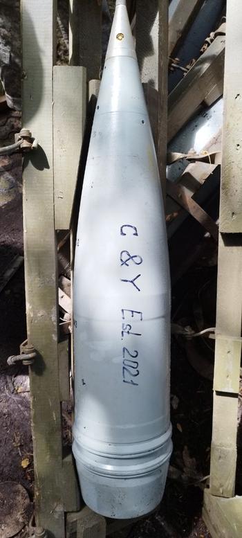 Colin Smith of Dallas purchased the slogan on this artillery shell for his wife for their anniversary. 