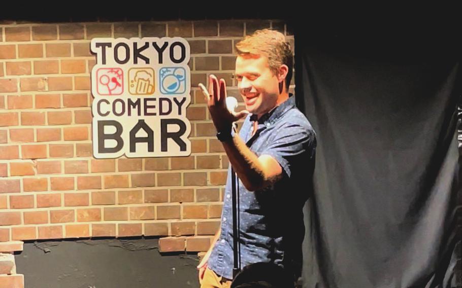 Sean Flanagan performs comedy at the Tokyo Comedy Bar in Shibuya, Japan, in June 2022.