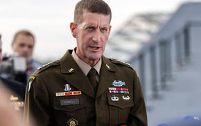 The deputy commander of U.S. Army Pacific, Lt. Gen. Joel Vowell, speaks to reporters during Talisman Sabre’s opening ceremony aboard the HMAS Adelaide in Sydney, July 13, 2025.