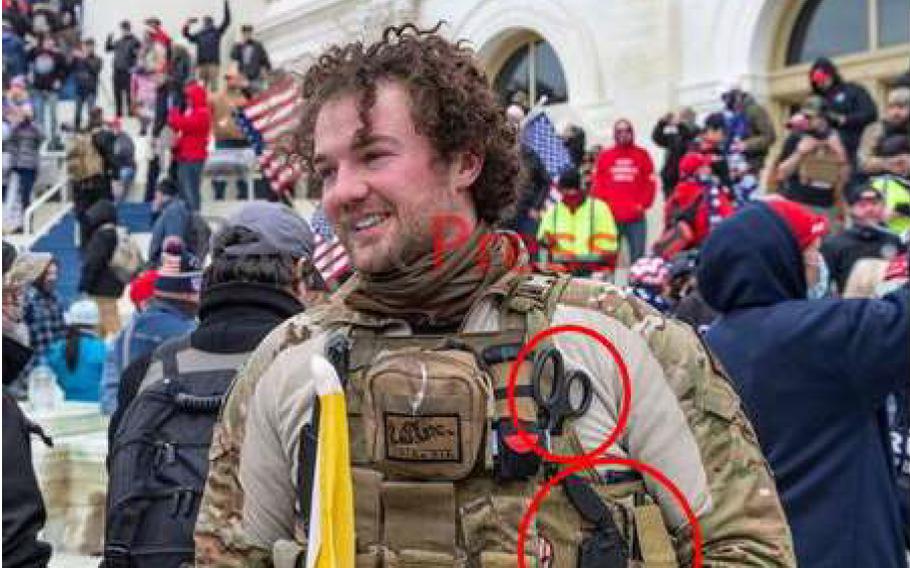 A media photo shows Robert Morse, of Glenshaw, outside the Capitol during the Jan. 6, 2021, insurrection. Red circles around some of the identifying attire on Morss were added by federal prosecutors.