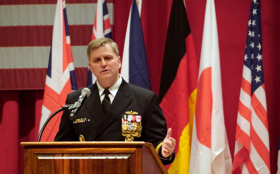 Seventh Fleet's new commander, Vice Adm. Fred Kacher, addresses the Fleet Theater audience during his change-of-command ceremony at Yokosuka Naval Base, Japan, Feb. 15, 2024.