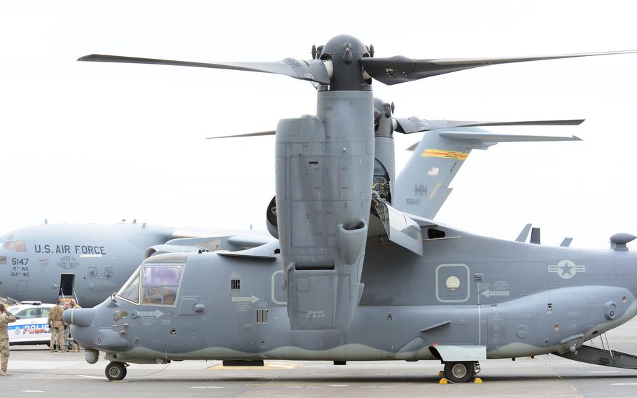 An Air Force Special Operations Command CV-22B Osprey parks at Yokota Air Base, Japan in 2018.