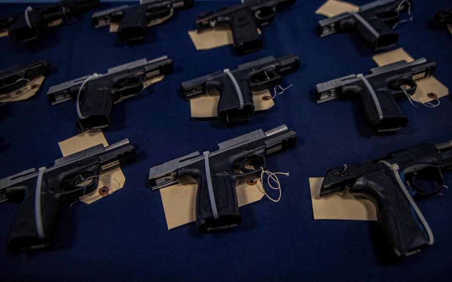 View of several semiautomatic weapons on display in Miami, where federal agents announced a crackdown on weapon-smuggling to Haiti.