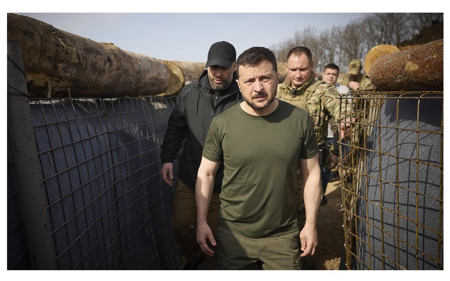 Ukrainian President Volodymyr Zelenskyy inspects the fortification lines in Kharkiv region, Ukraine, on April 9, 2024. 