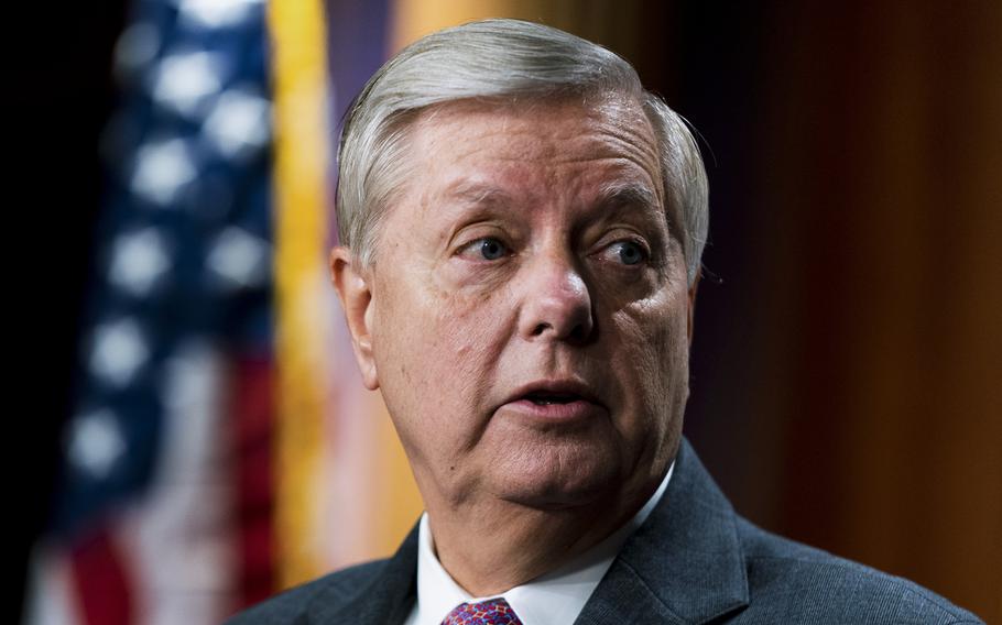 Sen. Lindsey Graham, R-S.C., speaks about the United States-Mexico border during a news conference at the Capitol in Washington, Friday, July 30, 2021. 